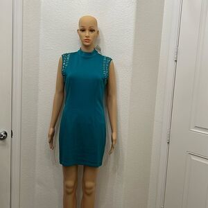 Forever Twentyone Women’s Dress Medium Turtleneck Teal Mini Embellished Zipper